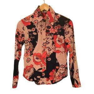 Etro Red Purple Multi Floral Cotton Long sleeve Button Up Blouse Sz 4